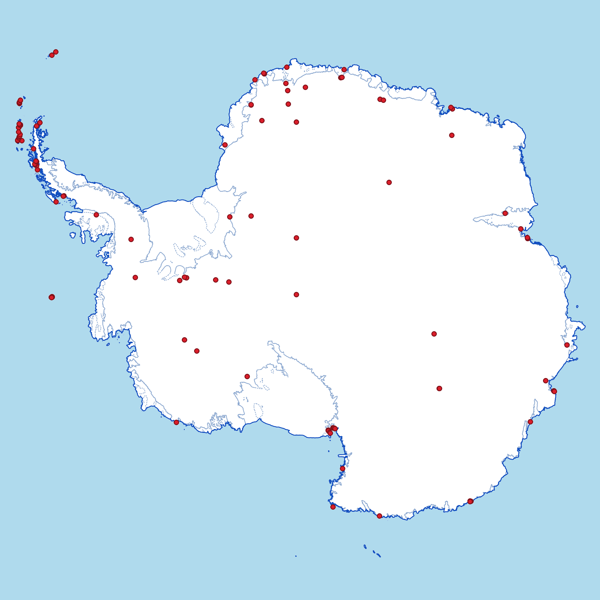 Map of Antarctica with stations